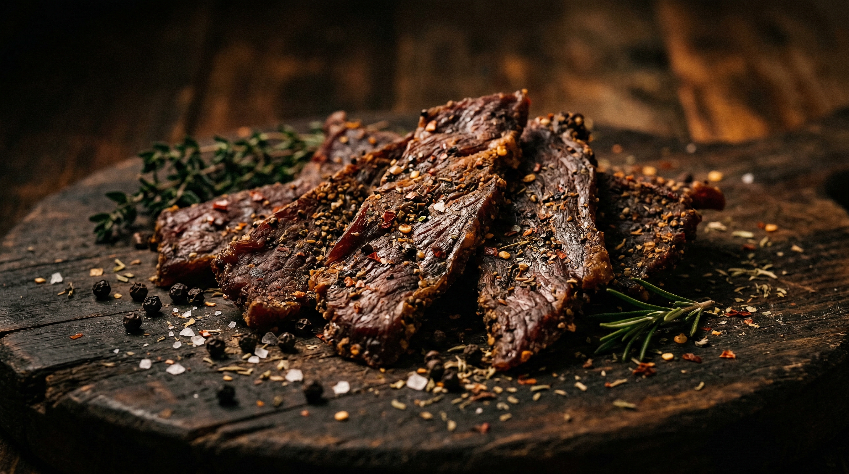 Premium artisanal beef jerky on rustic wood