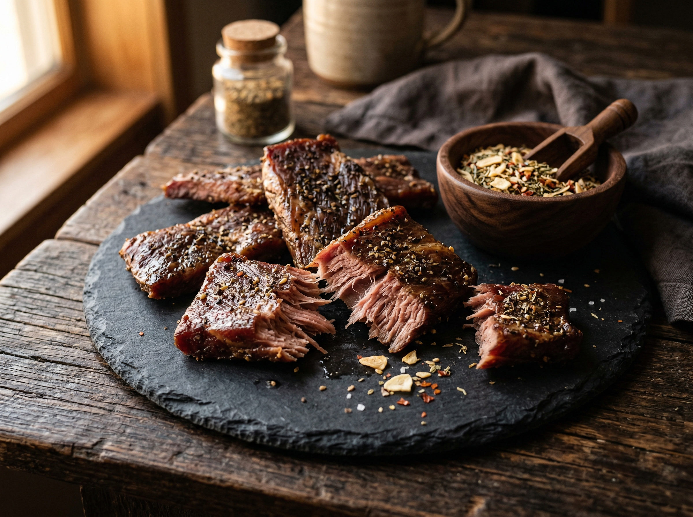 Easy Chew tender beef jerky on slate