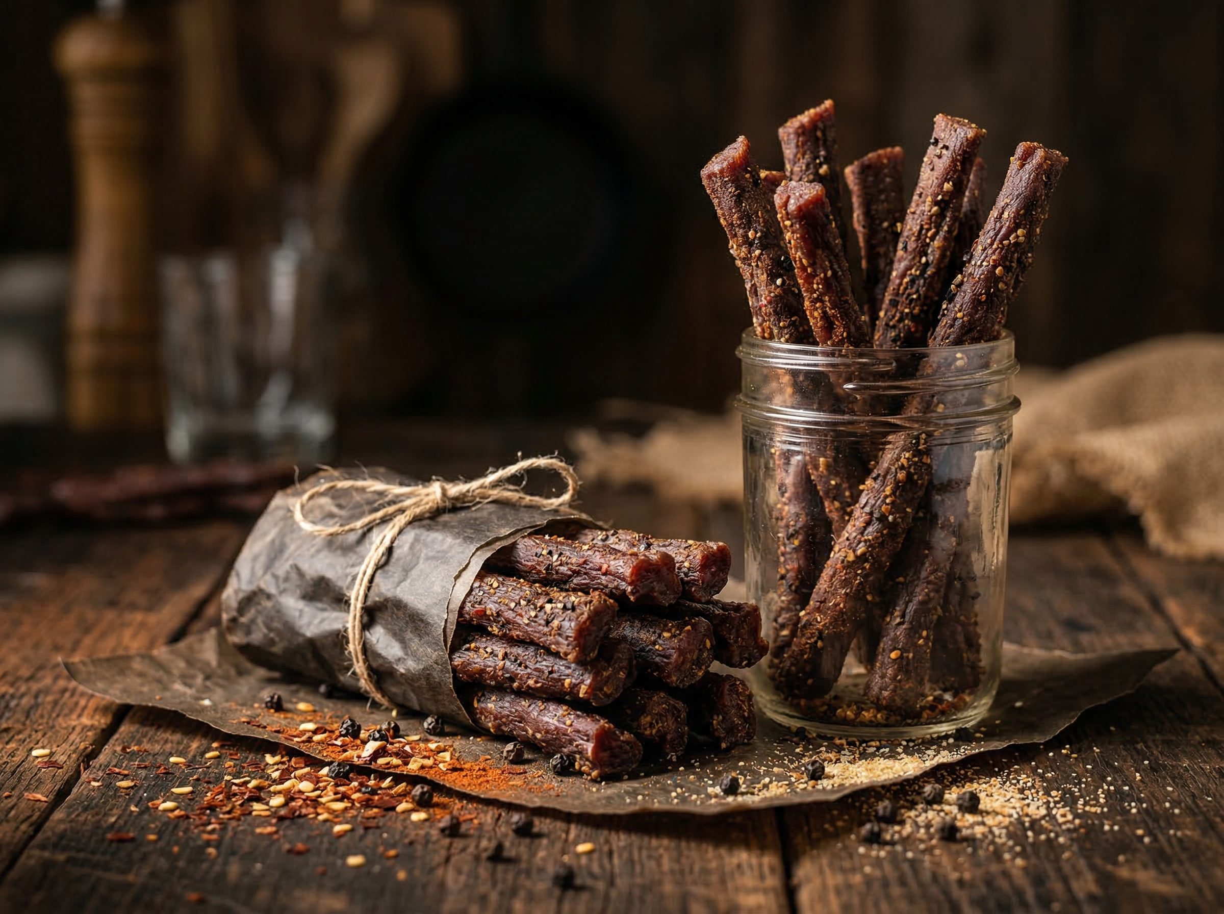Handcrafted jerky sticks in a mason jar